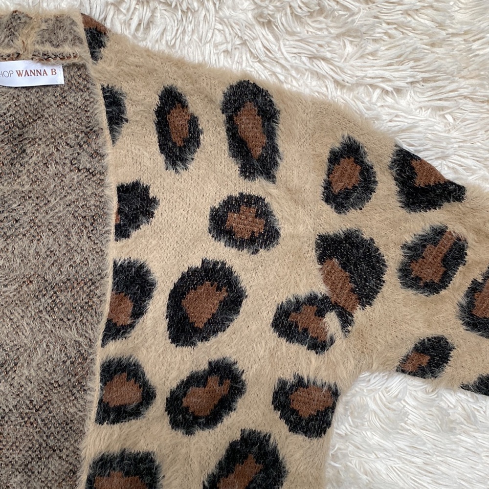 Wanna B Leopard Eyelash Open Cardigan π Tan Brown & Black - Picture 7 of 13